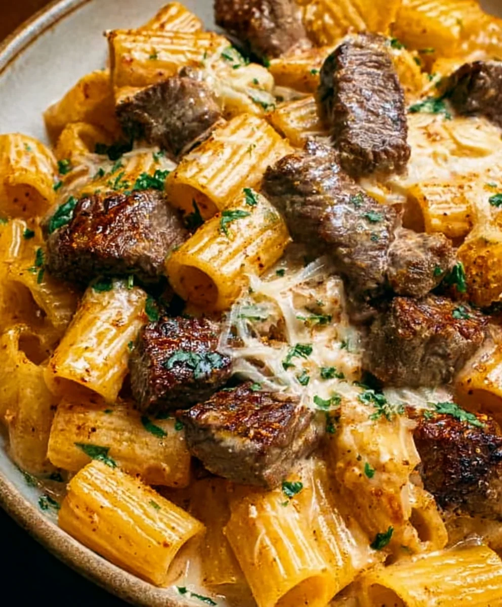 Cajun Steak Tips Cheesy Rigatoni Parmesan Recipe