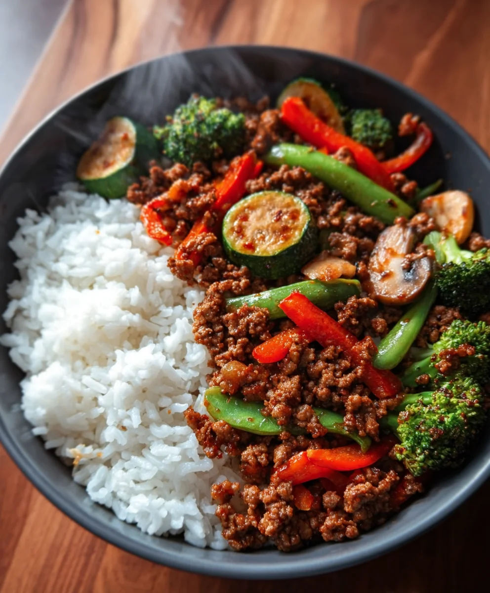 Spicy Ground Beef Stir Fry Garlic Veggies Steamy Rice