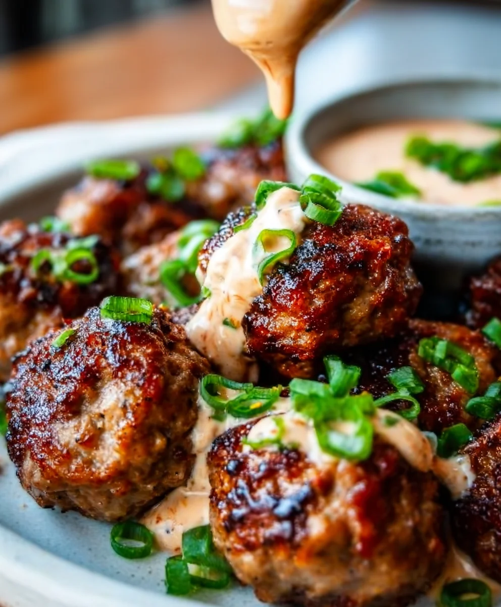 Korean BBQ Beef Meatballs Spicy Mayo Dip