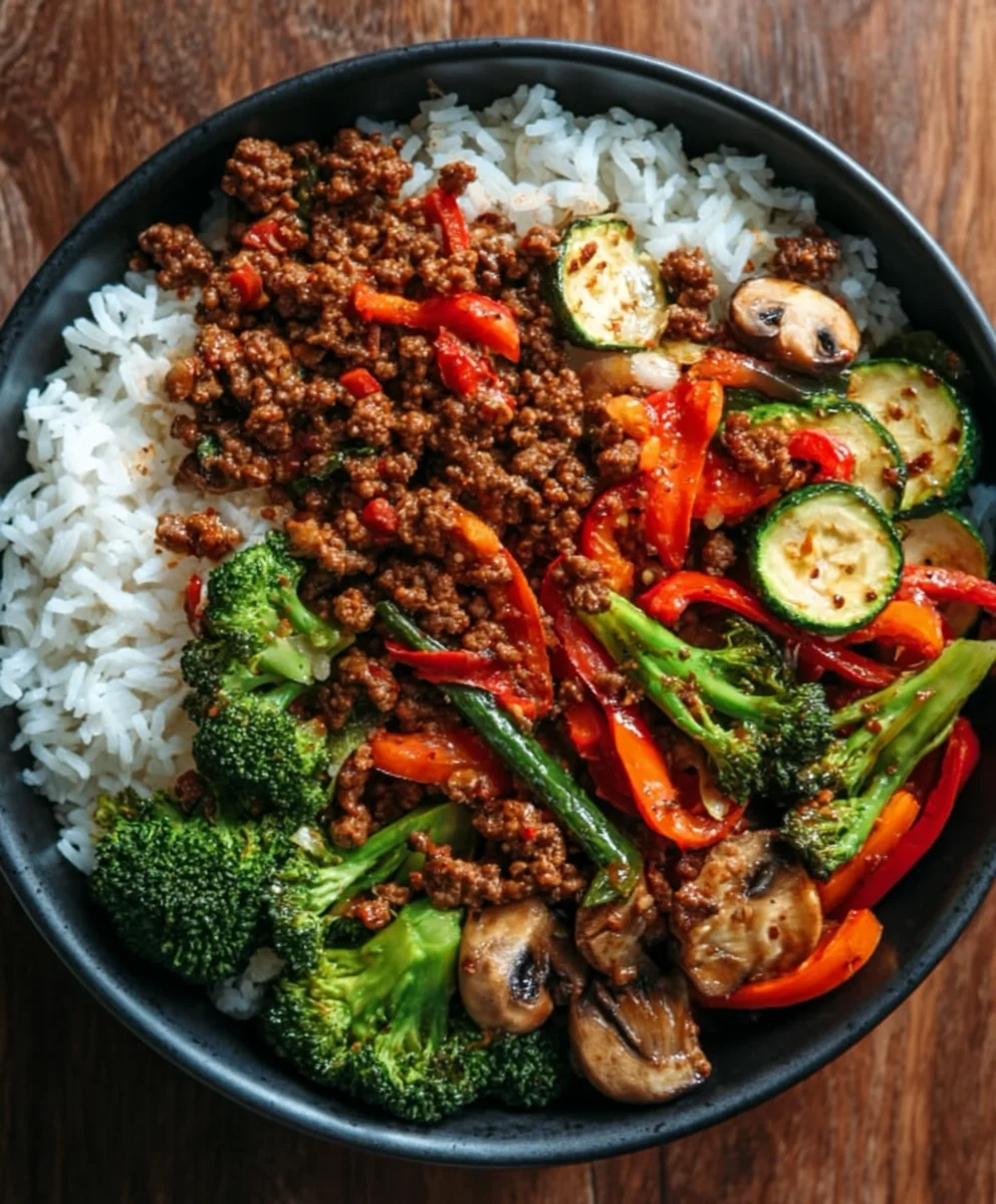 Spicy Ground Beef Stir Fry Garlic Veggies Steamy Rice