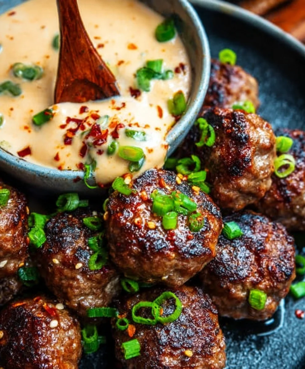 Korean BBQ Beef Meatballs Spicy Mayo Dip