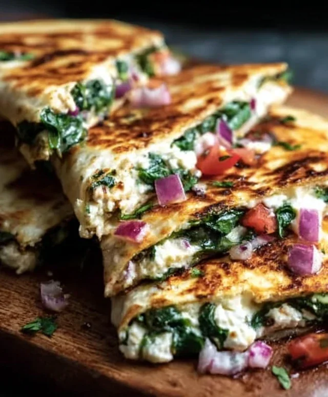 Mediterranean Quesadillas with Spinach, Feta, Mozzarella, and Red Onion