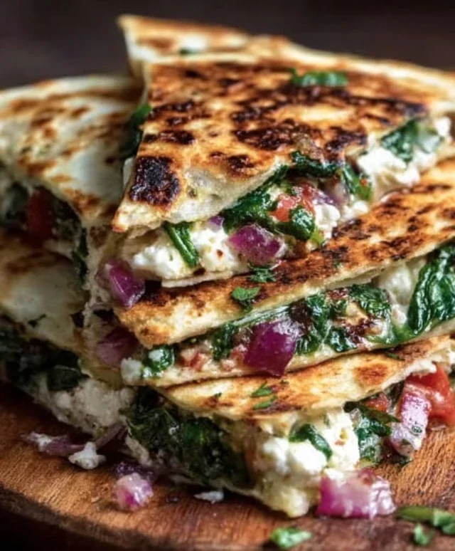 Mediterranean Quesadillas with Spinach, Feta, Mozzarella, and Red Onion