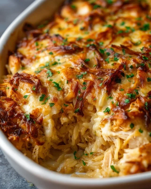 French Onion Chicken Orzo Casserole