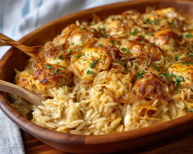 French Onion Chicken Orzo Casserole