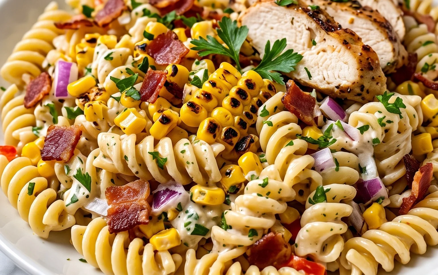 Chicken and Corn Pasta Salad with Beef Bacon