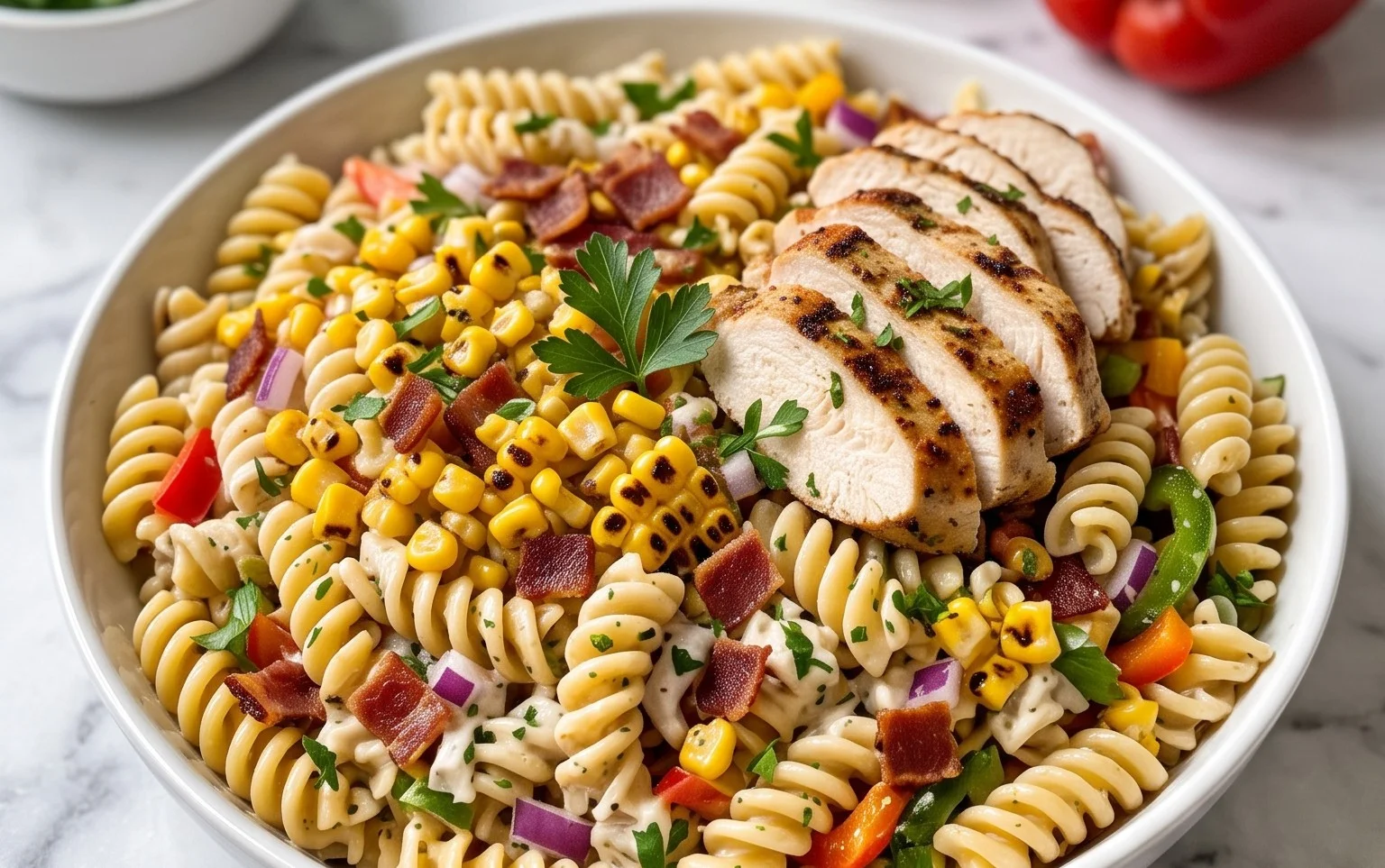 Chicken and Corn Pasta Salad with Beef Bacon