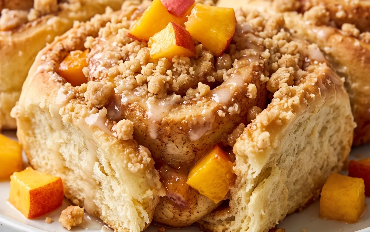 Peach Cobbler Cinnamon Rolls with Crum extractb Topping