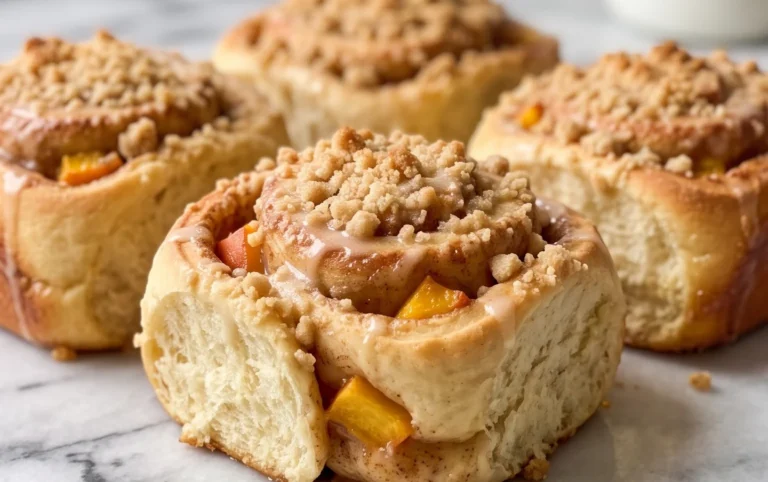 Peach Cobbler Cinnamon Rolls with Crum extractb Topping