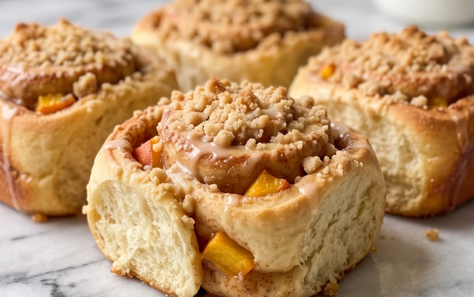 Peach Cobbler Cinnamon Rolls with Crum extractb Topping