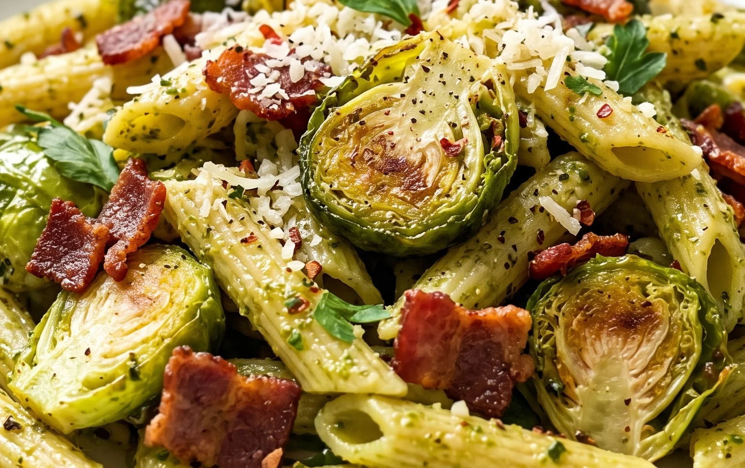 Brussels Sprouts and Beef Bacon Pesto Pasta