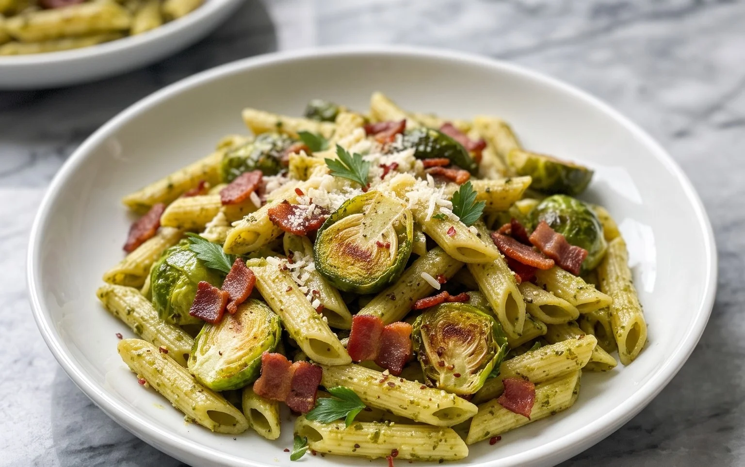 Brussels Sprouts and Beef Bacon Pesto Pasta