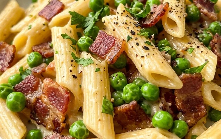 Penne Pasta, Peas and Beef Bacon