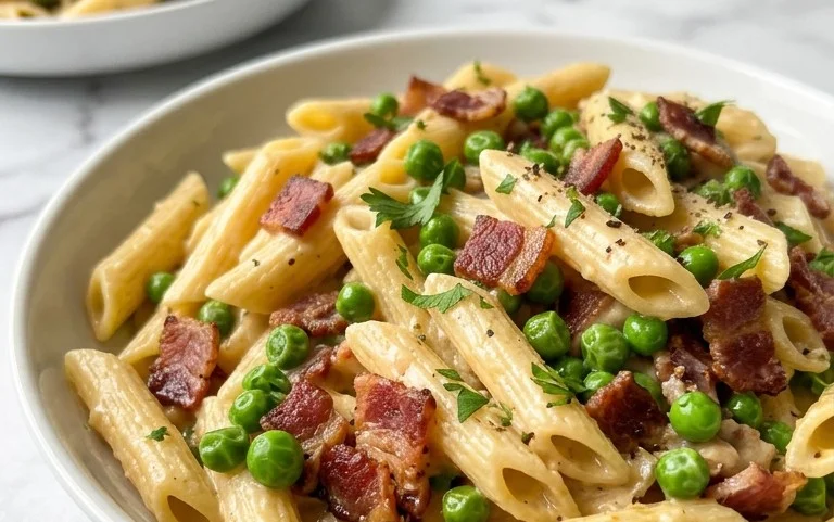 Penne Pasta, Peas and Beef Bacon
