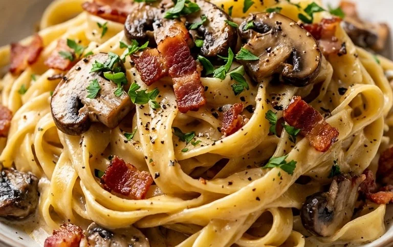Creamy Beef Bacon and Mushroom Pasta