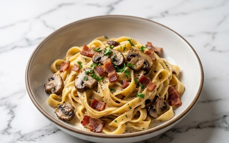 Creamy Beef Bacon and Mushroom Pasta