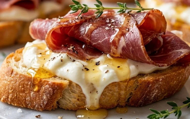 Beef Prosciutto Crostini with Burrata and Lemon Honey Drizzle