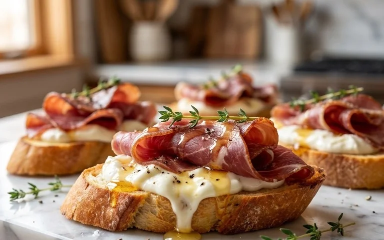 Beef Prosciutto Crostini with Burrata and Lemon Honey Drizzle